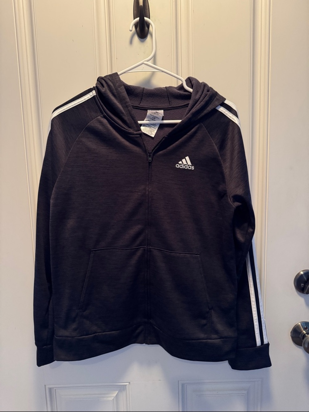 Adidas Black Heathered Kids Hoodie with White Stripes